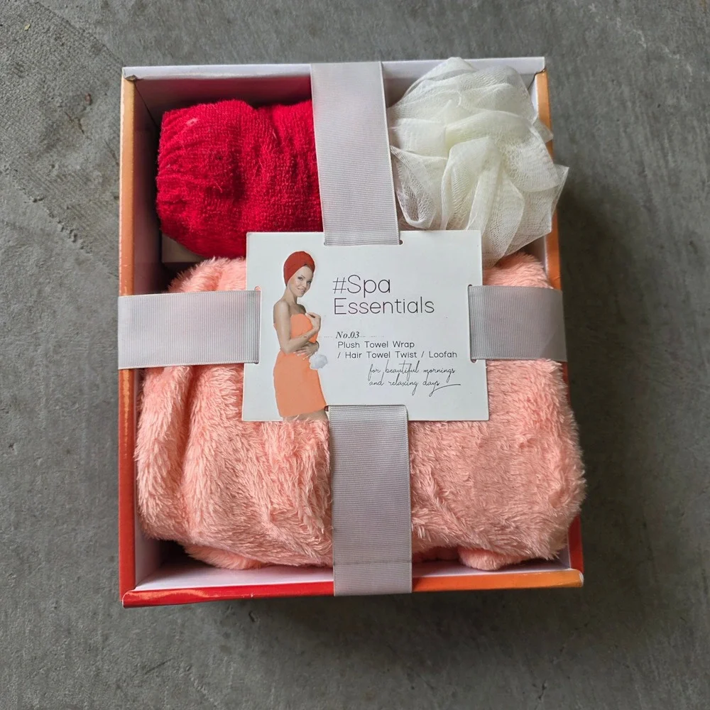 Spa Essentials 3 Piece Bath Set Plush Towel Wrap Hair Twist Loofah Peach Red New